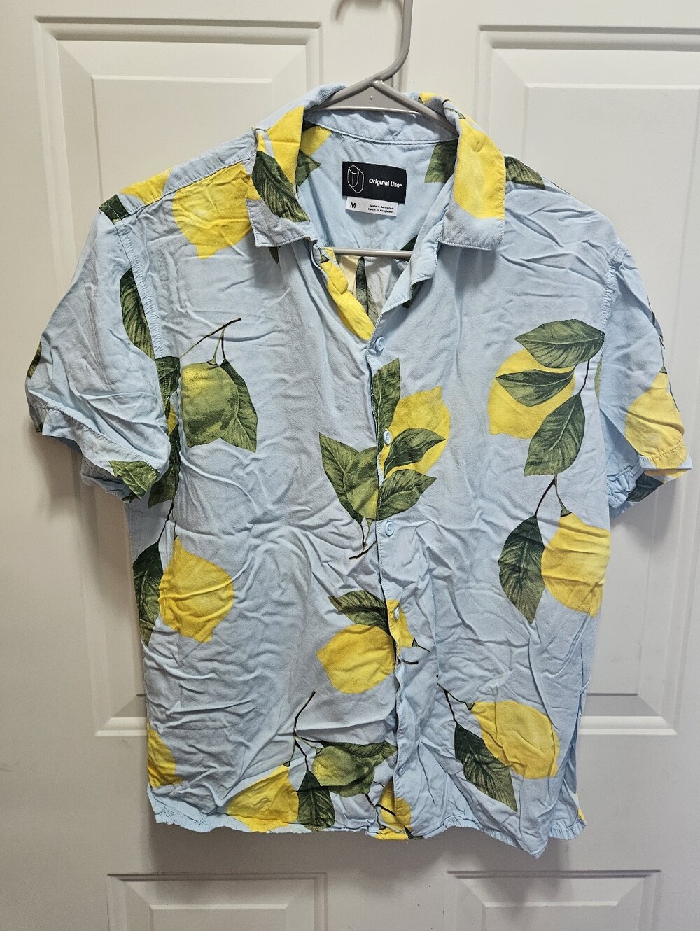 Original Use Lemon Print Short Sleeve Button Down Shirt